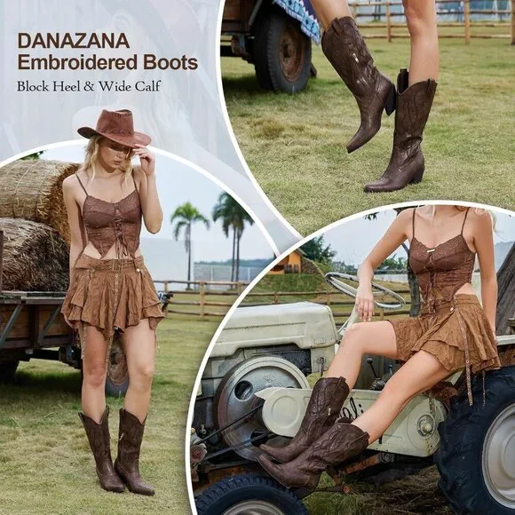 Women Brown Wide Calf Rhinestones Pointed Toe Chunky Heel Embroidered Boots - Picture 2 of 8